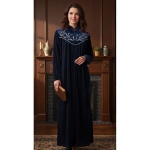 Vtg Sante Womens Loungewear Blue Velvet‎ Embroidered Maxi Regencycore Sz Medium